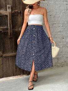 SHEIN Falda midi para embarazadas con diseño floral, botones decorativos y abertura en el dobladillo para vacaciones - azul real - Ver 3