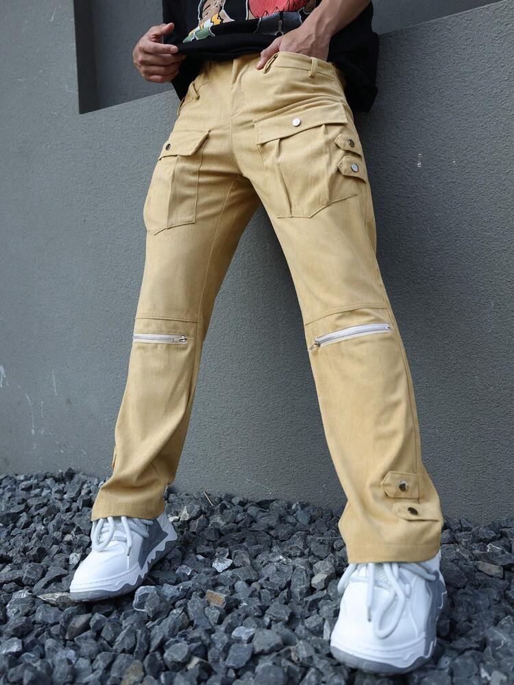 Men Loose Casual Pants With Cargo Style Pockets And Zipper Design , Corduroy