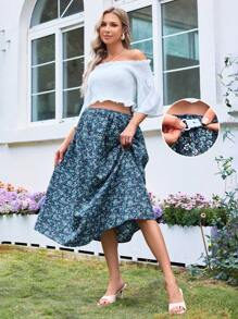 SHEIN Bộ áo trễ vai tay ngắn thanh lịch lãng mạn dành cho bà bầu và chân váy hoa - Màu xanh lam - Xem 1