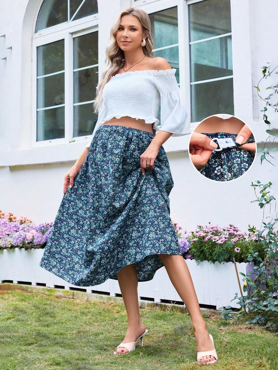 SHEIN Bộ áo trễ vai tay ngắn thanh lịch lãng mạn dành cho bà bầu và chân váy hoa - Màu xanh lam - Xem 1