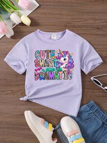 少女彩色設計口號＆卡通獨角獸短袖T卹 - 淡紫色 - 查看 3