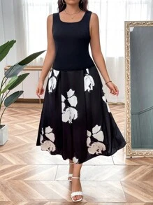 SHEIN Clasi Plus Size Net Knitting + Black & White Two Colors Large Flower Print Skirt Suit With Luster - Black and White - View 4