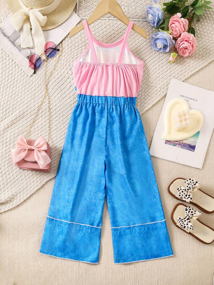 Young Girl Mexican Children's Day New Summer Jumpsuit, Colorful Fashionable Dope Neck Hanging Pink Top, Digital Print Denim Patchwork Pants, Versatile Style For Changeable Seasons