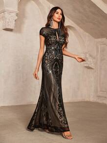 SHEIN Belle Gorgeous Dark Black Sequins Fabric Round Neck Cap Sleeves With Chest Pad Positioning Beaded Hollow Out Fish-Tail Women Evening Dress Elegant Formal Prom Wedding Guest Dress, For Graduation, Dinner
