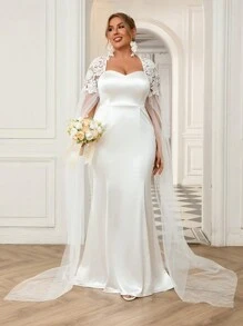 SHEIN Belle Plus Size Đơn giản nhưng sang trọng Khăn choàng siêu dài tay thêu hoa, Váy cưới đuôi cá thanh lịch và độc đáo - trắng - Xem 7
