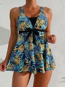 SHEIN Swim 女士度假风格树叶印花无袖夏季分体式泳衣套装 - 彩色 - 查看 1