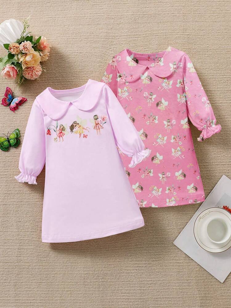 Baby Girls' 2pcs/Set Cartoon Graphic Long Sleeve Peter Pan Collar Sleep Dress Home Clothes