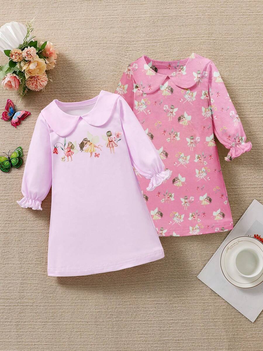 Baby Girls' 2pcs/Set Cartoon Graphic Long Sleeve Peter Pan Collar Sleep Dress Home Clothes - Rose Red - View 1