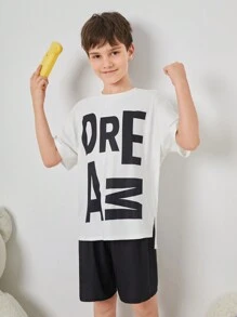 SHEIN Tween Boy Loose And Comfortable Home Wear Set With Letter Print For Summer - Black and White - View 6