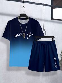 Manfinity Dauomo Men Summer Casual Set - Letter Printed Ombre Short Sleeve T-Shirt And Shorts
