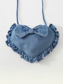 Vestido de mezclilla sin mangas simple para niña bebé con bolsa cruzada en forma de corazón - Azul lavado medio - Ver 5