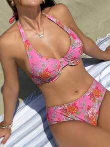 SHEIN Swim Women's Floral Print Halter Strap Separated Bikini Swimwear Summer - Multicolor - View 1