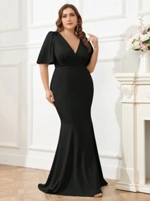 SHEIN Belle V 领、宽袖、鱼尾款式大码伴娘礼服黑色优雅正式晚会舞会婚礼宾客礼服，适合毕业典礼、晚宴 - 黑色 - 查看 3