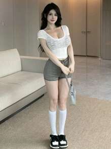 DAZY Women Summer Crop Top With Short Sleeves, Large Round Neck And Fitted Design With Sheer Details - White - View 2