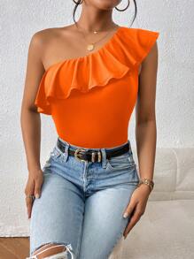 SHEIN Privé 女性純色簡約設計單肩鬆緊上衣 - 橘色 - 查看 6