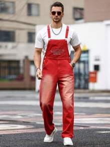 Manfinity Homme Hombres overoles casuales de mezclilla lavados con agua y bordado de letras - Rojo - Ver 3