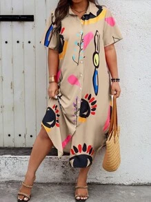 SHEIN Clasi Áo sơ mi tay ngắn in hình mắt thời trang cỡ lớn cho nữ mùa hè Boho Trang phục cho nữ - Màu Khaki - Xem 5