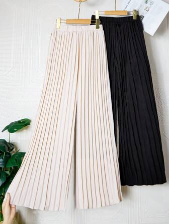 2pcs Teen Girl Solid Color Elastic Waist Loose Fit Wide Leg Pleated Pants Set