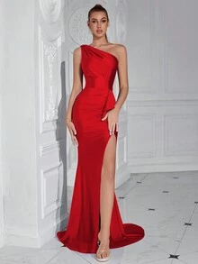 ADYCE Vestido de cóctel para fiesta con un solo hombro, con doblez y ribete de volantes - Rojo - Ver 6