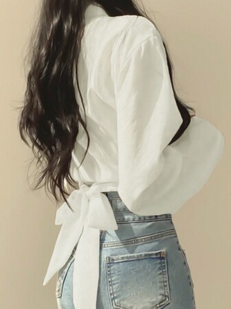 女士系带前短款 V 领长袖衬衫，2025 年春夏