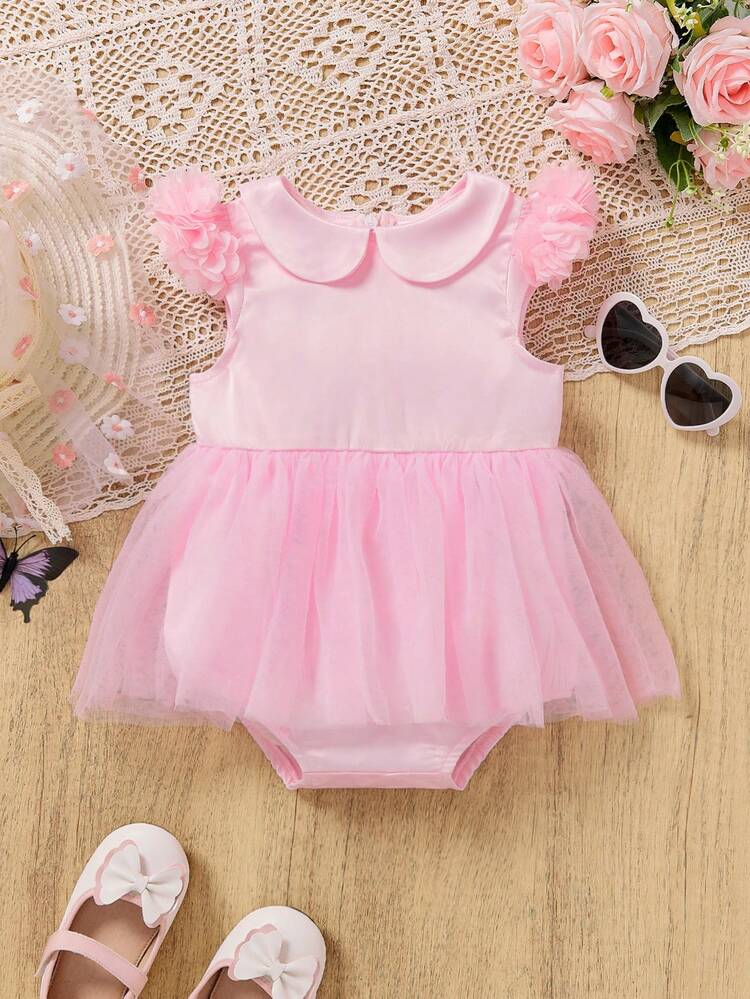 Baby Girl Cute Satin Patchwork 3d Flower & Mesh Peter Pan Collar Bodysuit