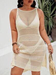 SHEIN Clasi Plus Size Women Holiday Solid Color Sexy Hollow Out Round Neck Sweater Dress - Apricot - View 1