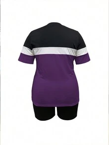 Summer Women Sportswear Set, Fashionable Color Block Round Neck Short-Sleeved T-Shirt And Drawstring Shorts Two-Piece - Multicolor - View 2