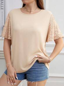 SHEIN Clasi Plus Size Round Neck Glittery Ruffled Sleeves Casual Simple Everyday Spring Summer Short Sleeve T-Shirt - Apricot - View 1