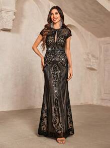 SHEIN Belle Gorgeous Dark Black Sequins Fabric Round Neck Cap Sleeves With Chest Pad Positioning Beaded Hollow Out Fish-Tail Women Evening Dress Elegant Formal Prom Wedding Guest Dress, For Graduation, Dinner
