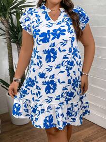 SHEIN VCAY Plus-Size Romantic Flower Dress With Cap Sleeves - Blue - View 6