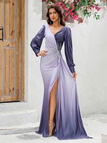 YISIKADO Women Evening Party Dress With Lantern Sleeves, Sequins, V-Neck, Open Back, Ombre Color And High Slit Elegant Long Sleeve Formal Prom Wedding Guest Gown, For Graduation, Dinner