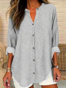 Plus Striped Loose Blouse, Notched Button Spring Commute Blouse - Grey - View 1