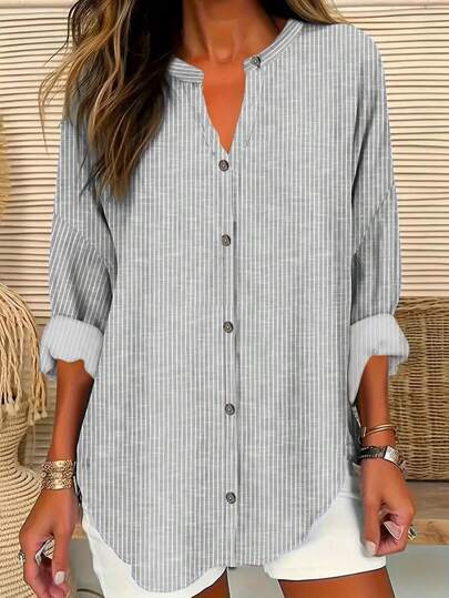Plus Striped Loose Blouse, Notched Button Spring Commute Blouse
