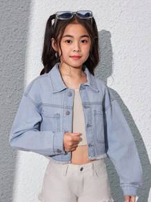 SHEIN Tween女孩基本石洗短款牛仔夾克，日常休閒穿著 - 淺色水洗藍 - 查看 5