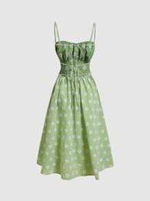 SHEIN MOD Váy Cami xếp nếp in hoa, hở lưng - màu xanh lá - Xem 2