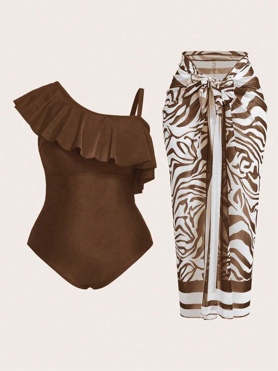 Swim Oasis 大码女式连体荷叶边不对称领口泳衣，搭配同款斑马纹罩衫和迷你裙套装，2025 年夏季款式