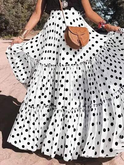 Große Größen Rock mit Polka Punkt Muster, elastischer Taille und Rüschensaum, Lässig für Frühling/Sommer