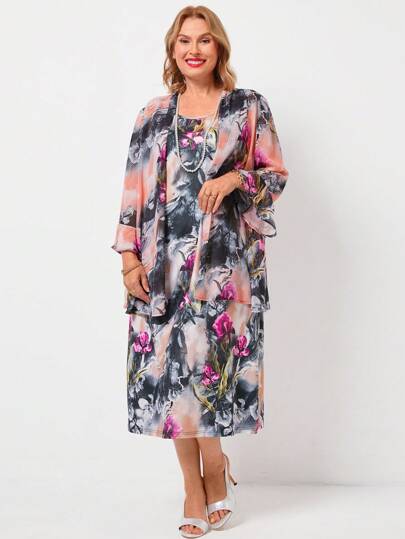 EMERY ROSE Plus Size Women's Floral Print Cardigan And Sleeveless A-Line BlackRipe Elegant Mom Dress/Set