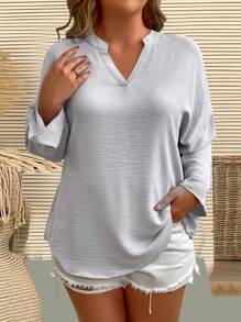 SHEIN LUNE Plus Notched Neckline Roll Tab Sleeve Blouse Fall Cloth For Women - Grey - View 5