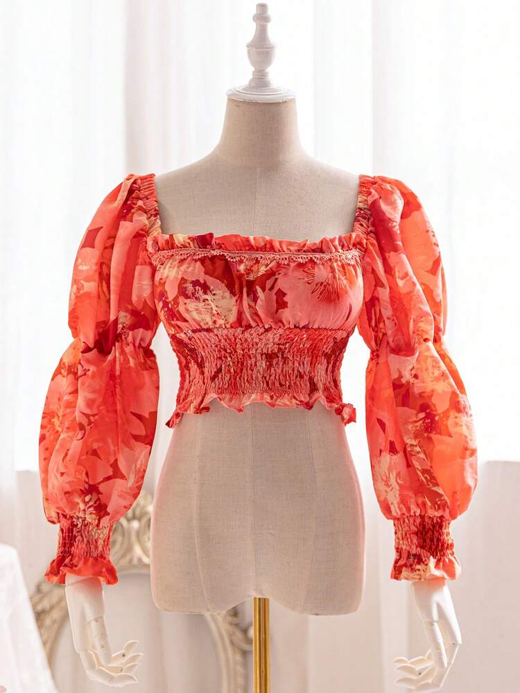 Women's Vacation Summer Romantic Pastoral Adorable Girly Sense Orange Vivid Watercolor Gradient Floral Print Puff Sleeve Elastic Short Blouse