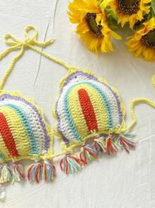 Soleia Chaleco con flecos en el dobladillo con rayas multicolores degradadas románticas para playa y ocasiones casuales para mujeres en verano, graduaciones y Pascua