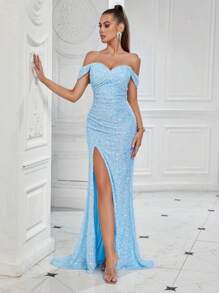 ADYCE Vestido largo de cóctel, fiesta o graduación con hombros descubiertos, abertura frontal en el muslo y espalda descubierta, en color liso con lentejuelas