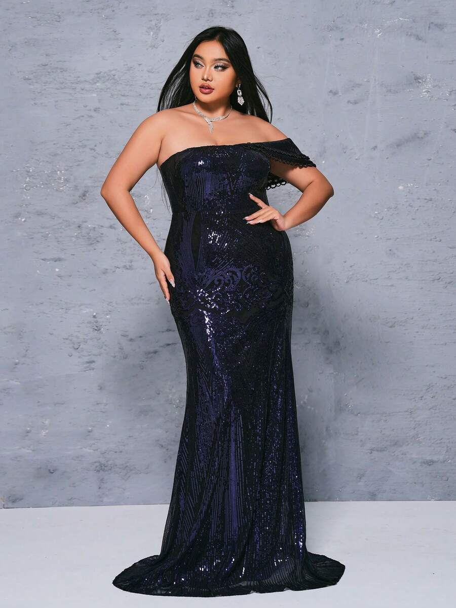 seomiscky Fashionable Plus-Size Women Sequin One-Shoulder Bodycon Dress