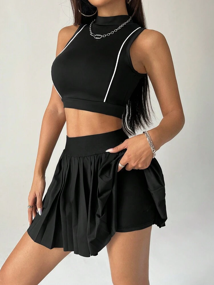 Women Summer Sleeveless Crop Top With Stand Collar And Pleated Midi Skirt Casual Set