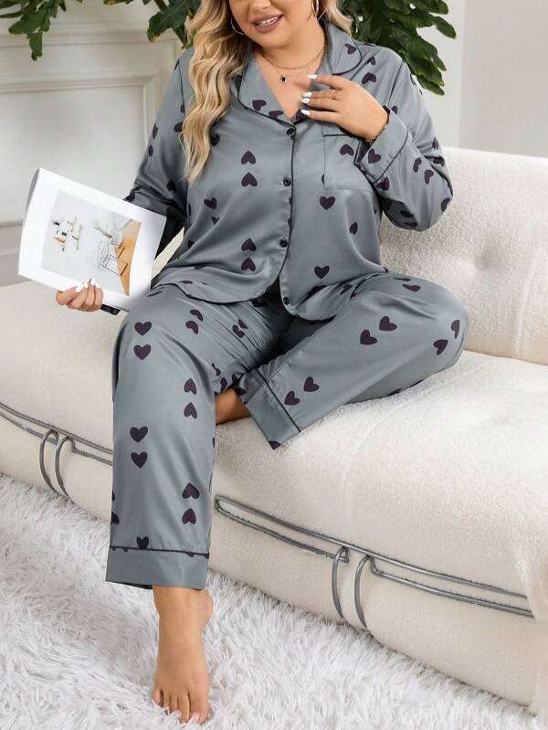 Plus-maat lente- en herfstvrije tijd Hartprint Pyjamaset met lange mouwen en lange broek