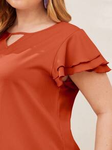 SHEIN Clasi 大尺碼鑽石領分層飄動袖上衣 - 鏽棕色 - 查看 3