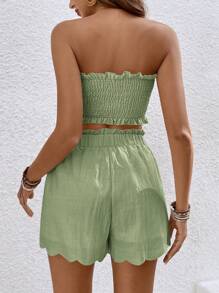 SHEIN Frenchy Thiết kế drape thời trang và ngọt ngào cho nữ với bộ áo quây ren hoa và quần short - Màu xanh Bạc hà - Xem 2