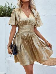 SHEIN Clasi Damen V-Ausschnitt Rüsche Ärmel Geraffter Taille Party Mode Kleid für den Frühling/Sommer, Neujahrsferien Party Kleidung