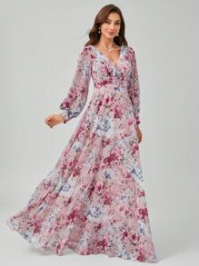 SUPGIR [Random Cut Flower Pattern]V-Neck Chiffon Dress With Split Sleeves, Waist Pleats, And Digital Printed Wonderland Garden Rose Print, Elegant And Graceful Long Dress. - Dusty Pink - View 1