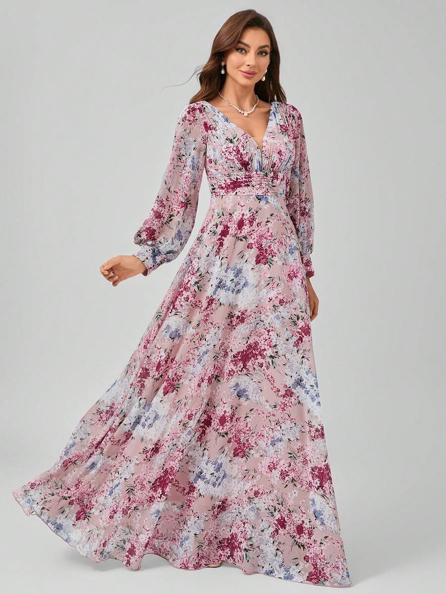 SUPGIR [Random Cut Flower Pattern]V-Neck Chiffon Dress With Split Sleeves, Waist Pleats, And Digital Printed Wonderland Garden Rose Print, Elegant And Graceful Long Dress. - Dusty Pink - View 1